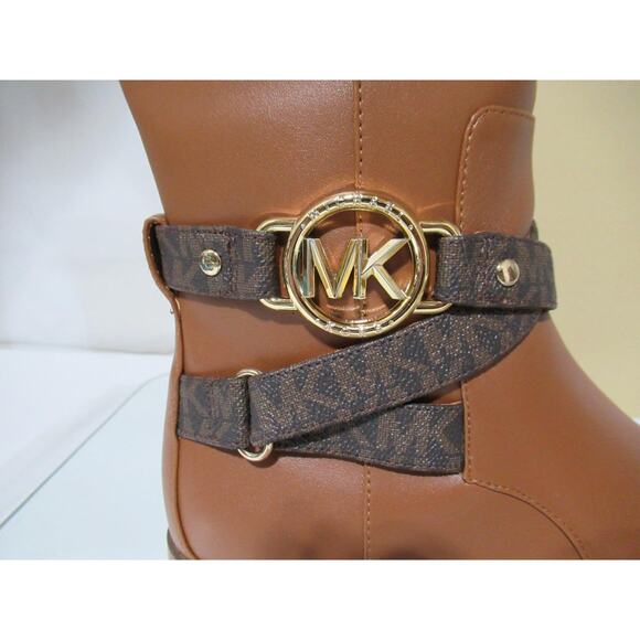 Michael Kors Rory Knee High Riding Boots MK Logo Embossed Strap Luggage Size 7 - Picture 4 of 12